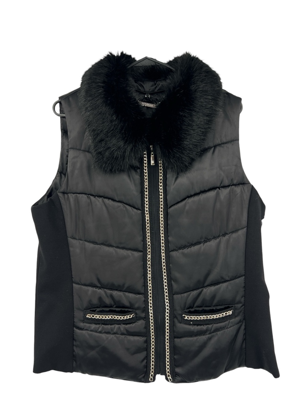 White House Black Market Black Puffer quilted Vest Faux Fur Trim Silver Chain XL